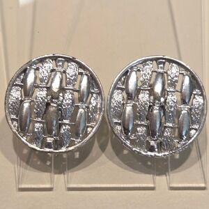 Vintage CORO Signed Silver Tone Round Woven Design Clip On Earrings